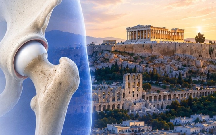 A render of the hip joint beside the Acropolis at sunset
