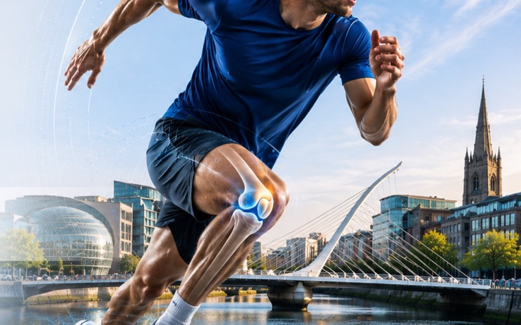 A sprinter with the knee joint highlighted, beside the River Liffey in Dublin